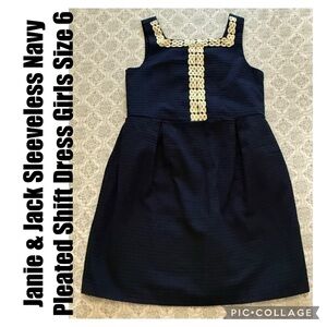 Janie & Jack Sleeveless Navy Pleated Shift Dress Girls Size 6